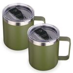 Volhoply 14oz Insulated Stainless Steel Coffee Mug with Lid Bulk 2 Pack,Double Wall Vacuum Travel Coffe Cup with Handle,Reusable Thermos Tumbler,Camping Mugs Keep Hot,Christmas Gifts(Army Green,2)