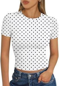 Trendy Queen Womens Short Sleeve T Shirts Summer 2026 Crop Tops Basic Slim Fit Gym Workout Y2k Clothes White Dots 2XL