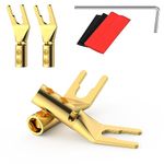 HiFi Speaker Y Spade Connectors, Dual Screw Locking Speaker Cable Plug, Fork Spade Connectors with Allen Wrench for Speaker Wire DIY 4PCS (Gold Plated with Heat Shrink Tube)
