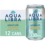 AQUA Libra Sparkling Water - Natural Flavour - No Sugar - Low Calorie - Refreshing - Cucumber, Mint and Lime - 330 ml - Pack of 12 cans