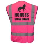 Equestrian HORSES SLOW DOWN Hi Viz Vis Vest Horse Riding Reflective Waistcoat Jacket Road Safety Visibility Pink Large