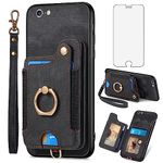 Phone Case for iPhone 6 6s Wallet Cover with Screen Protector Wrist Strap Lanyard RFID Credit Card Holder Ring Stand iPhone6 Six i6 S iPhone6s iPhine6s iPhones6s i Phone6s Phone6 6a S6 Women Men Black