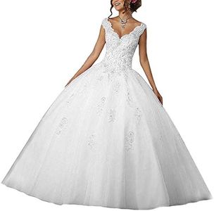 Vantexi Abito da donna con scollo a V Quinceanera con pizzo abiti da sera lunghi abiti da sposa eleganti, bianco, 48