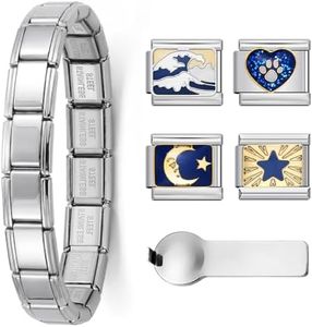 Double Fair Italian Charm Bracelet - 18-Link 7.2" Stainless Steel 9mm Bracelet with 4 Interchangeable Charms (Moon/Wave/Paw) & Opening Tool for Women