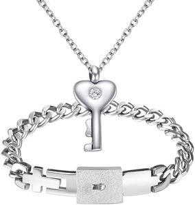 Flongo Couple Lock Key Jewellery Set: Silver Couples Bracelet Necklace Set Women's Necklace with Heart Wings Gold Cubic Zirconia Men's Cuban Lock Bracelet Stainless Steel Gift Partner Christmas