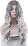 Beautyself Silver Grey Costume Wigs for Women Halloween Curly Long Wavy Fashion Cosplay Ombre Black Mix Gray Hair Wigs with Wig Cap