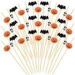 ASTARON 150 Counts Halloween Pumpkin Cocktail Picks for Halloween Party Supplies Wooden Bats and Skull Cocktail Picks 4.7 in Appetizer Picks Fruit Forks for Halloween Decorations