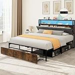 YITAHOME Queen Size Bed Frame, LED Platform Bed Frame with Storage Headboard & Charging Station, Upholstered Bed with 2 Drawers, No Box Spring Needed, Easy Assembly, Vintage Brown and Grey