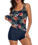 MARZXIN Tankini Swimsuit for Women Floral Two Piece Bathing Suit Swimwear Tank Top Swimwear with Boyshorts, Tropical Navy, Large