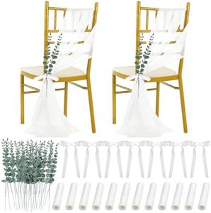 VitalCozy 48 Set Wedding Aisle Decorations for Wedding Ceremony Chiffon Chair Sashes with Ribbons and Artificial Eucalyptus Stem Decor for Wedding Church Chair Aisle Bulk Decorations