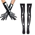 Skeleton Gloves and Skeleton Tights for Women Halloween Skeleton Stockings Skull Arm Warmer Gloves Halloween Tights for Women Over The Knee Socks Thigh High Socks Stockings Scary Skull Stockings