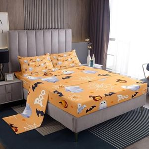 Feelyou Halloween Ghost Bed Sheets Set Queen Size Bat Spider Web Cobweb Bed Set for Kids Boys Girls All Saints' Day Deep Pocket Fitted Sheet Pumpkin Lantern Breathable Soft Microfiber Orange Autumn