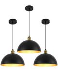 PINDODO Dome Pendant Lights 11.8" Black Pendant Lighting for Kitchen Island Gold Interior Paint Vintage Hanging Lamp for Dining Room Entryway Bar Restaurant 3 Pack