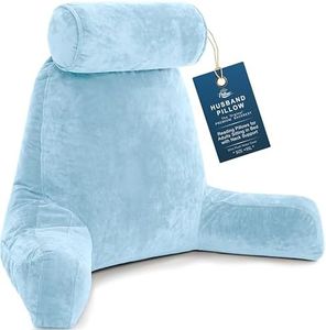 Husband Pillow XXL – Reading Pillow Bed Chair with Arms & Back Support – Sky Blue - Back Pillow for Beds Sitting Up – Bed Rest Arm Pillow – Comfy Reading Pillow for Adults