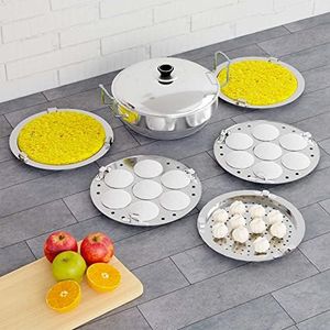 QSEC 3-in-1 Stainless Steel idli maker Induction triply base Idly Cooker Multi Kadai idly Steamer dhokla cooker | 5mm thick Base All-in-One Big Size with 5 Plate | 2 idli | 2 Dhokla | 1 Patra |