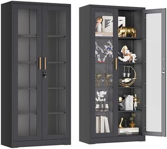 UNICOLY Display Cabinet with Glass Doors, Curio Cabinets with Locking Doors, Metal Glass Display Cabinet for Kitchen,Living Room 71” H, Assembly Required, Black
