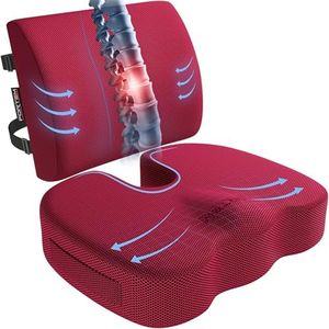 FORTEM Chair Cushion, Seat Cushion for Office, Lumbar Support for Chair, Back Support Memory Foam Pillow Washable Cover, XL (Red, Mesh)