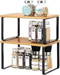 Kitchen Cabinet Organiser Set of 2 Bamboo Kitchen Storage Shelves for Cupboard Countertop Spice Rack Expandable and Stackable with Black Metal Frame 2 Packs