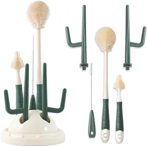 Liname Cactus Baby Bottle Brush Set - 3 Piece Cleaning Brush with Storage Base & Drying Rack,- Includes Bottle Cleaner, Nipple Cleaner & Straw Cleaner - Baby Essentials, Newborn Essentials Must Haves