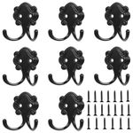 8Pcs Double Prong Coat Hooks, Black Robe Hooks with 20 Pcs Screws Towel Hooks Heavy Duty Coat Door Hooks Metal Wall Mounted Hooks Hanging Towel Clothes Key Hat for Kitchen Wardrobe Bathroom Bedroom