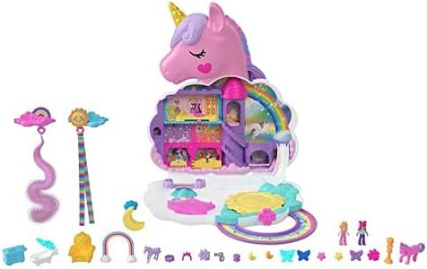 Polly Pocket Mini Toys, Rainbow Unicorn Salon Styling Head and Playset with 2 Micro Dolls, 20+ Accessories and Moving Features