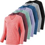 4-7 Pack Long Sleeve Shirts for Women,Moisture Wicking Shirts Long Sleeve Workout Tops for Women V Neck Hiking T-Shirts, 7 Pack Watermelon Red,green,purple,navy,dark Red,light Grey,dark Grey, Medium