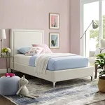 Inspired Home White Leather Platform Bedframe - Design: Monroe | Twin Size | Modern and Contemporary | Nailhead Trim Finish