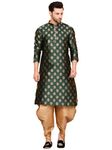 Over Crowd Men New Look Gold Leaves Jacquard Kurta & Salwar Set (Dgreen & Gold);Size:36