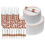 Prestee 350 Pc Disposable Dinnerware Set for 50 Guests - Rose Gold - Reusable Party Supplies Set incl. 50 of Dinner Plates, Salad Plates, Knives, Forks, Spoons and Cups, Wedding Reception Supplies