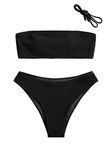 ZAFUL Women Strapless Ribbed High Cut Bandeau Bikini Set (S, Black-A)