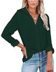 Diosun Womens Button Down V Neck Shirts Short/Long Sleeve Office Casual Business Plain Blouses Tops (Large, Dark Green)