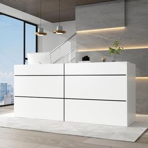 ECACAD Extra Long Reception Desk with Drawers, Modern Pattern, Office Desk Reception Counter Table 2 Person, White (86.6”L x 23.6”D x 39.3”H)