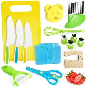 Chanking 17 Pieces Kids Safe Knife Set for Real Cooking Child-Friendly Plastic Chef Tools Montessori Kitchen Toys for Toddlers with Bright Colors Gifts for Boys and Girls