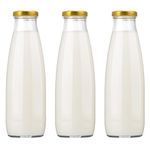 Danmu Art - 500ml Glass Milk Bottles with Lids - Gold Lids - Juice Milk Jam Storage Dispenser Bottles Set of 3