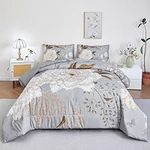 STYHO Grey Floral Duvet Cover Set King Size 3Pcs Luxury Blossom White Gold Flower Bed Cover Soft Farmhouse Style Botanical Butterfly Printed Duvet Sets for All Sesons(Grey, King)