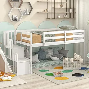 Olela Twin Size Loft Bed,Solid Wood Low Profile Twin Bed Frame with Storage Shelf for Kids Junior,No Box Spring Needed,Easy to Assembly(White, No Slide)