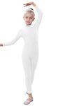 YgneeDom Kids Girls One Piece Spandex Unitards, Long Sleeve Turtleneck Unitard, Full Body Catsuit, Dance Leotard Costumes, White, Medium