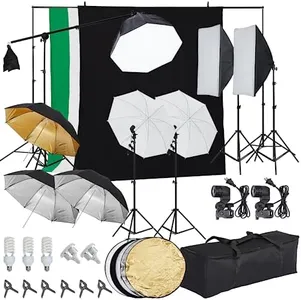 PioneerWorks Photography Lighting kit with Backdrops, 8.5ftx10ft Backdrop Stand, 5 tripod stands and Bulb, Umbrella Softbox Continuous Lighting, Photo Studio Equipment for Portrait Product Photo Shoot