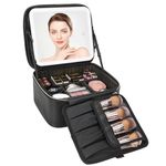 Twofold Travel Makeup Bag with LED Mirror, 3 Colors Lighting Modes Makeup Organiser, Portable Cosmetic Case with Adjustable Dividers for Makeup Artist Storage Case, Black