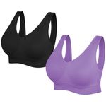 SIMIYA Super Comfort Bra, Womens Sports Bras Removable Pads Plus Size Sleep Bras for Girls in Yoga Bralette Leisure Stretch Crop Tops Vest (L, 2 Pack Black+Purple)