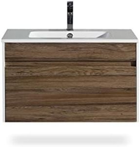 Flairwood Decor Bathroom Vanity Ivy 30 Inch - Includes Wall Mounted Cabinet with 1 Large Metal Drawer and White Countertop with Integrated Sink - Assembled Vanity