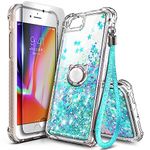 NGB Compatible for iPhone 6 6S 7 8 Case, iPhone SE 2020 Case with Tempered Glass Screen Protector, Ring Holder, Girls Women Kids Liquid Bling Sparkle Glitter Cute Case (Mint)