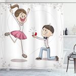 Engagement Party Decorations Shower Curtain by, Cartoon of Lovely Romantic Couple with Wedding Ring, Fabric Bathroom Decor Set with Hooks, 70 Inches, Pink Blue and White