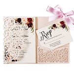 KUCHYNEE 5.1x7.1 Inch 50PCS Blush Pink Blank Wedding Invitation Kits Laser Cut Hollow Rose Pocket Wedding Invitations with Envelopes For Wedding Quincenera Engagement Invite