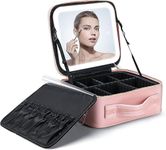 JAMBUVANTI Travel Makeup Bag with Light Up Led Mirror Portable Cosmetic Bag Train Case with Adjustable Dividers Makeup Organizer Bag Storage Box for Women Rechargeable 3 Color Setting Lights (Pink)