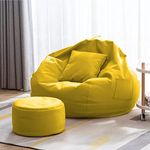 Kushuvi Filled Bean Bag with Footstool & Cushion | Ready to Use Faux Leather Bean Bag Chair Filled with Beans (Yellow, XXXL)