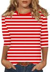 Summer Tops for Women 2025 3/4 Length Sleeve Crew Neck Plus Size Trendy Loose Fitted Basic Tee Work Tops (Red,S)