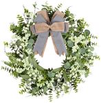 Vlorart Artificial Spring Greenery Wreaths for Front Door Green Eucalyptus Leaf Wreath Decor Boxwood with Plaid Bow Green Leaves and Berries for Farmhouse Outside