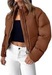 ZESICA Women's Long Sleeve Cropped Puffer Jacket Winter Zipper Quilted Baggy Warm Short Down Coat Outwear with Pockets,Caramel,Medium