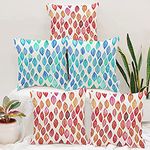 STITCHNEST Red & Blue Leaf Printed Canvas Cotton Cushion Covers, Set of 5 (16 x 16 Inches)